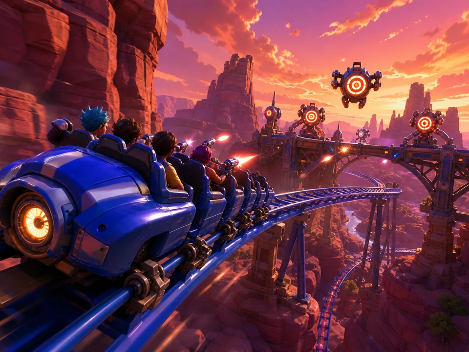 Same coaster banking through a canyon turn as glowing target drones appear on a bridge ahead