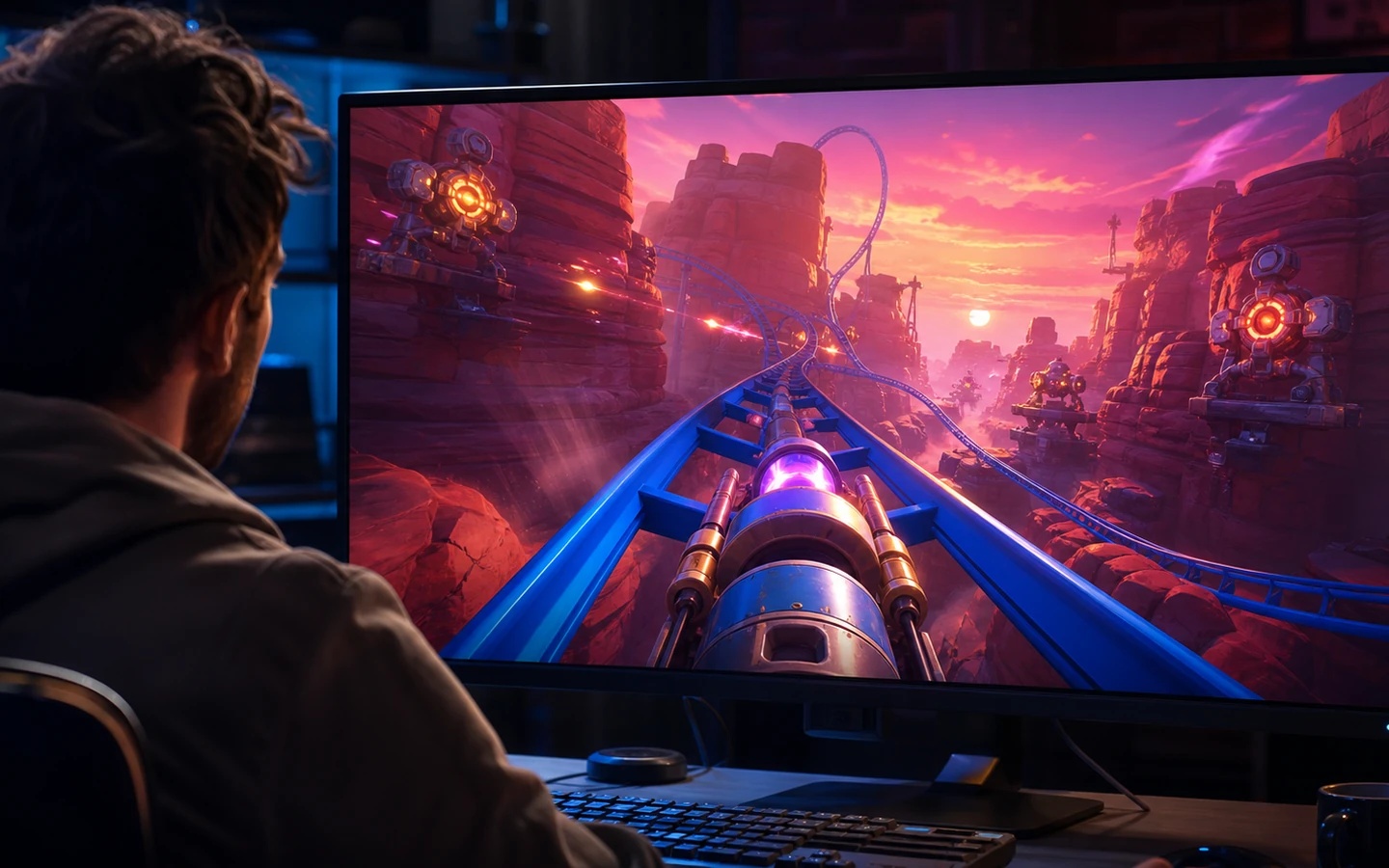 Over-the-shoulder creator reviewing the original rail shooter on a large monitor, interface abstract and unreadable
