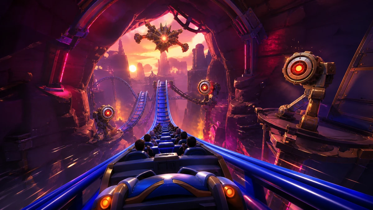 Coaster plunging through a tunnel with targets at staggered heights and clear sightlines