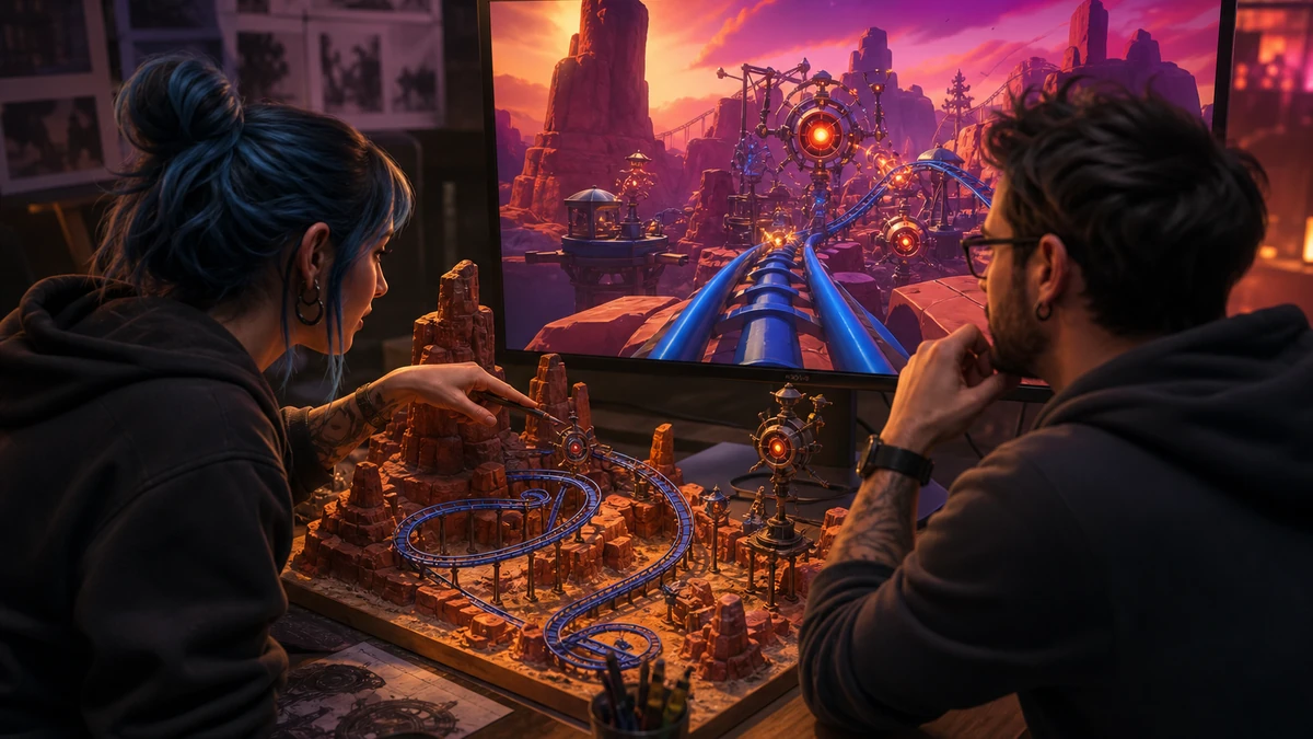 Two creators reviewing a physical coaster route model and original shooter scene on a monitor, no readable labels