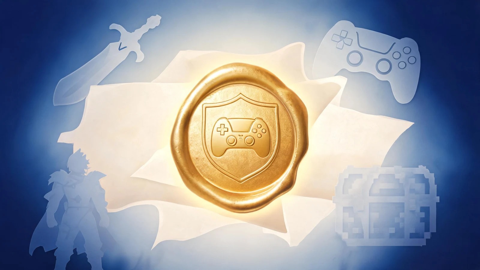 Blue mini-game documentation cover art with a symbolic game-controller wax seal and paper sheets