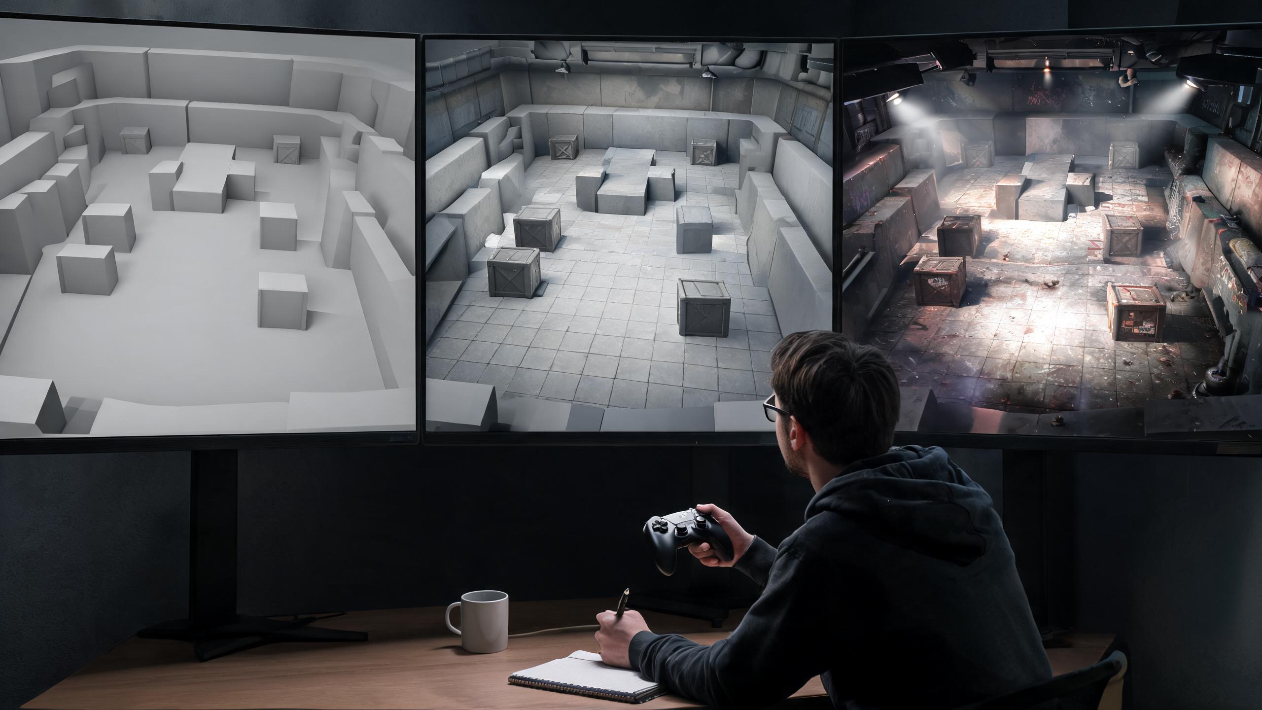 Game environment progressing from greybox blockout to a representative playable vertical slice.