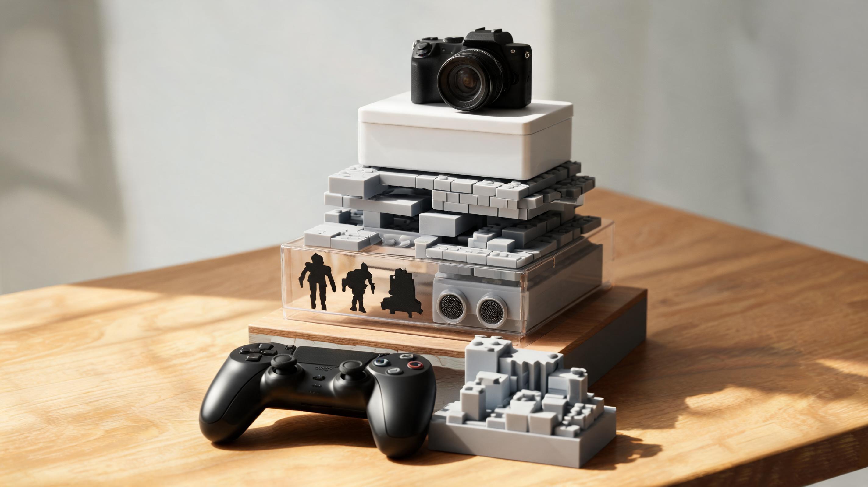 A controller, modular game pieces, audio speakers, and a camera form a physical stack that represents a solo developer priority ladder.