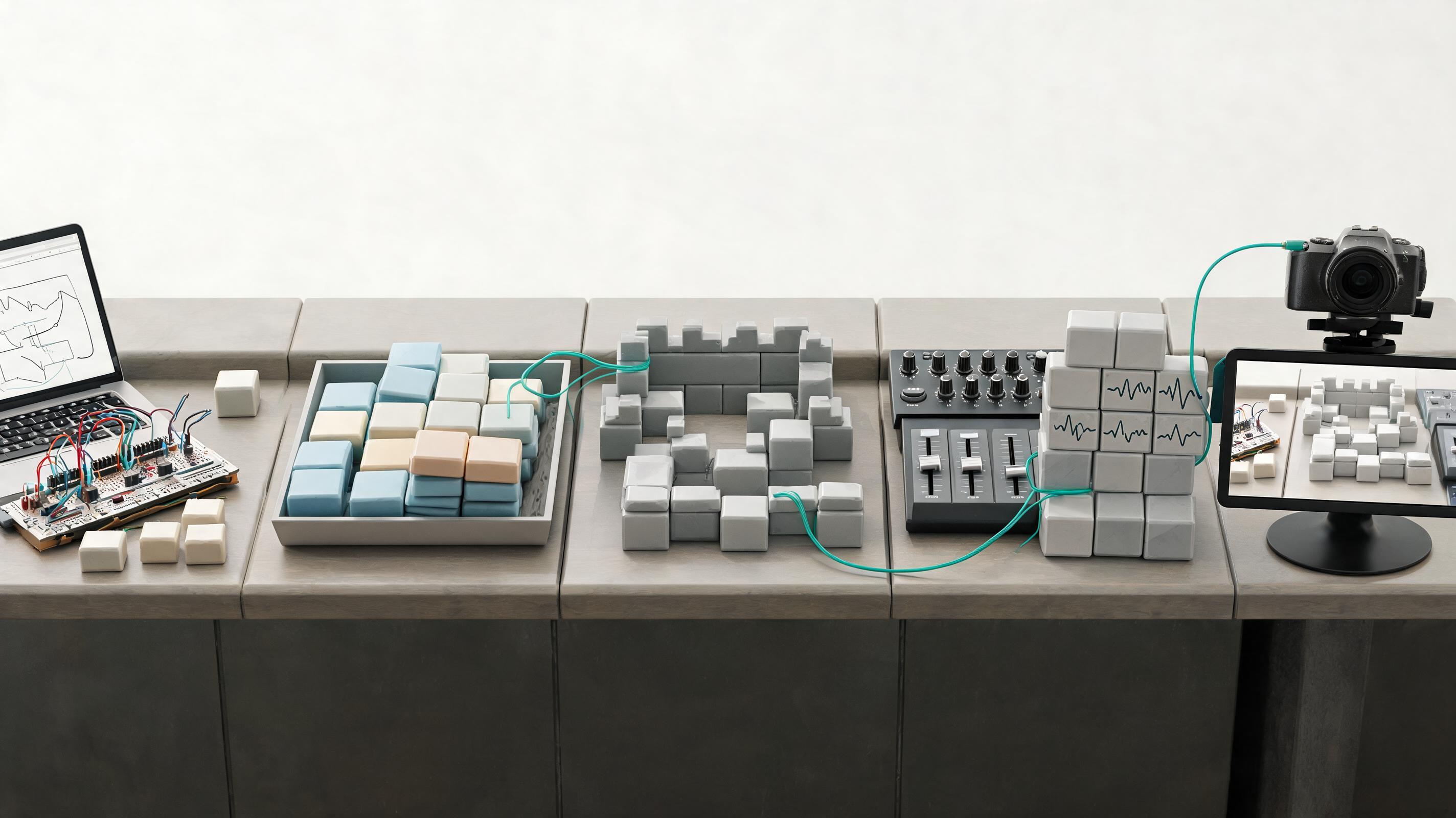 Prototype electronics, modular art tiles, a graybox level, an audio mixer, and a capture camera connect in one production line.
