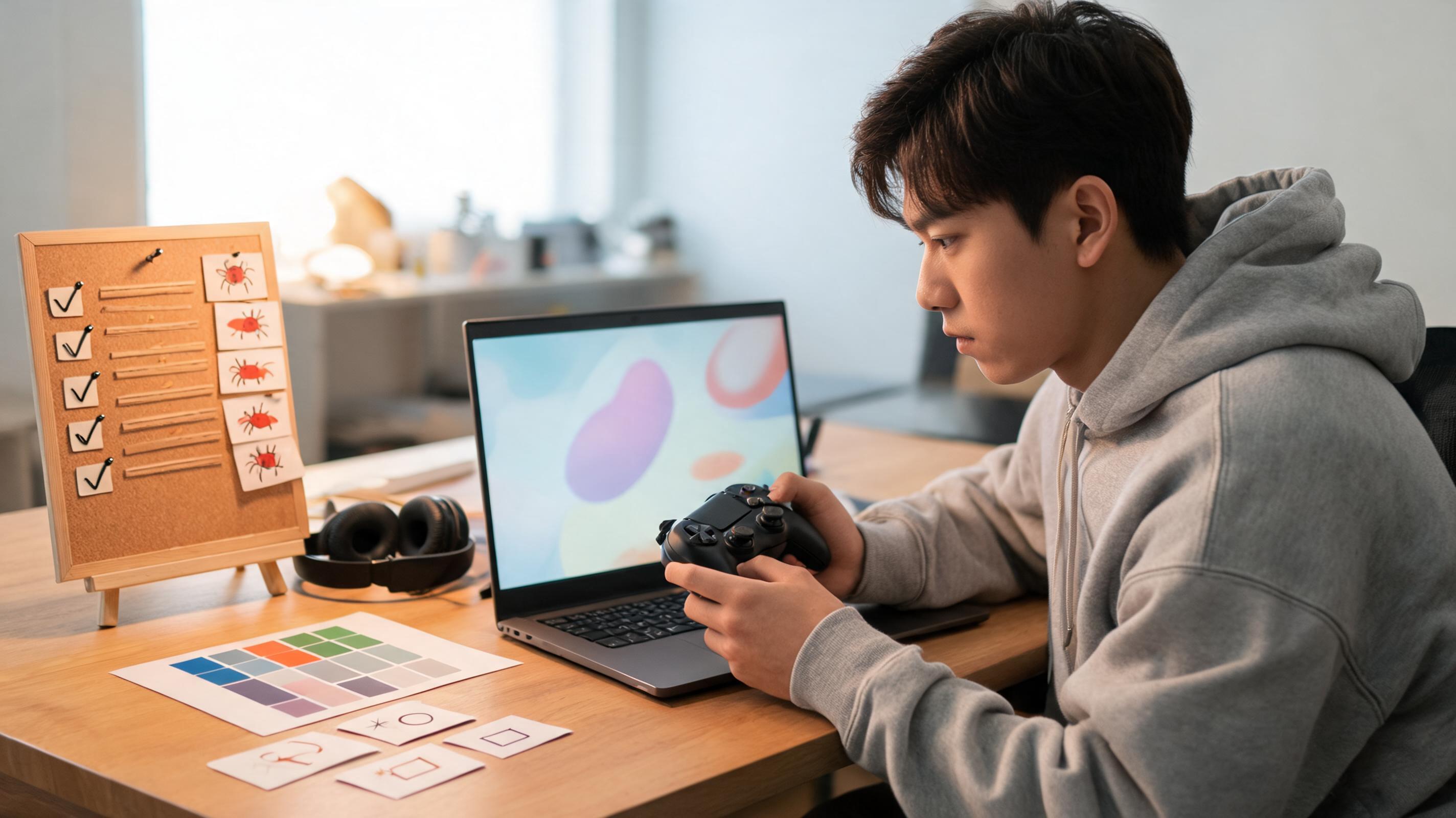 A solo developer playtests with a controller beside visual swatches, headphones, bug cards, and a compact review board.