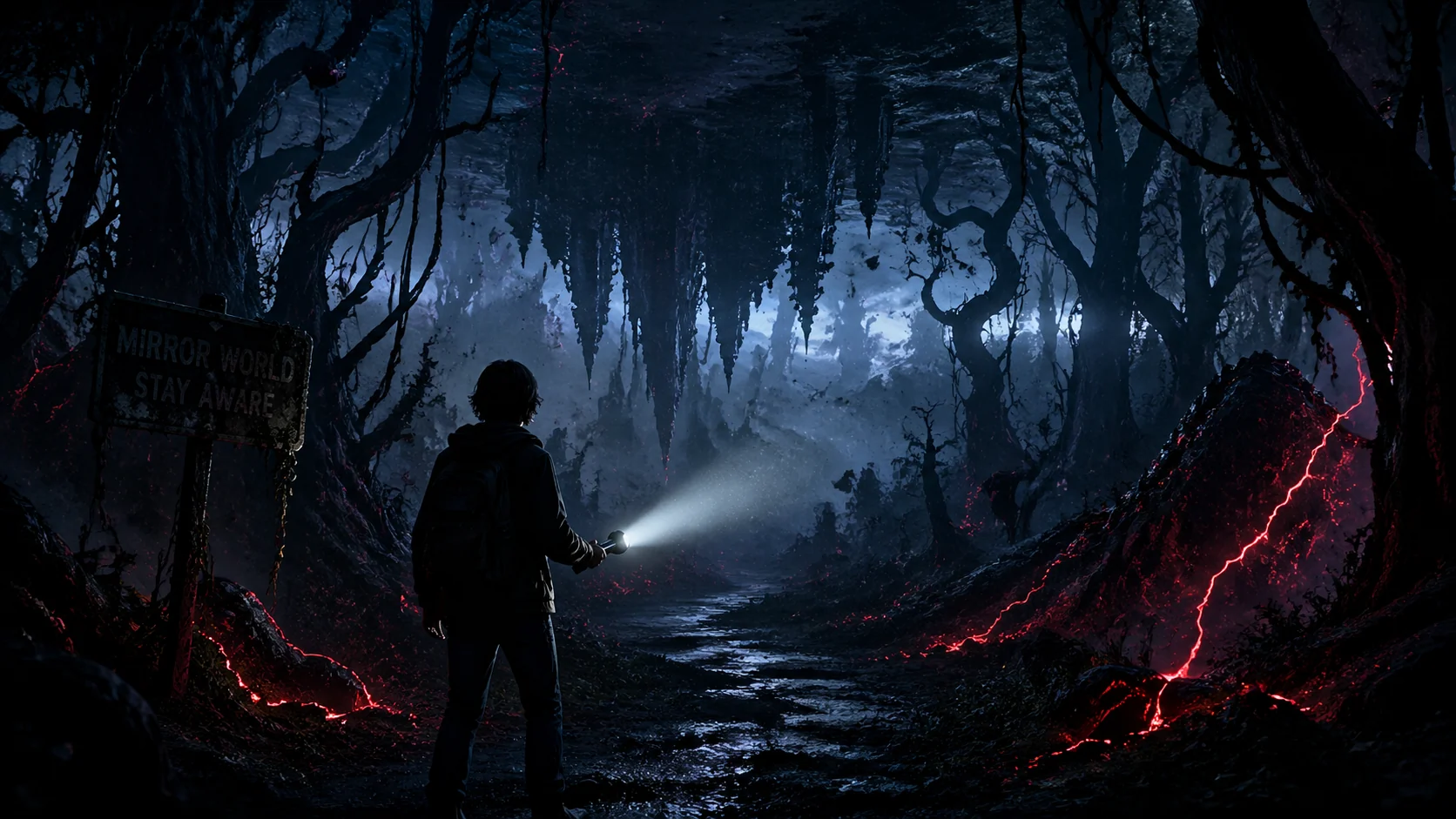 Dark mirror-world forest path with red lightning and flashlight silhouette