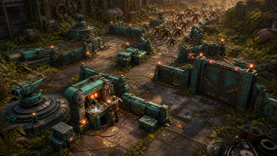 Physical survival-arena kit with turret bases, barricades, resource crates, gates, repair stations, and route pieces