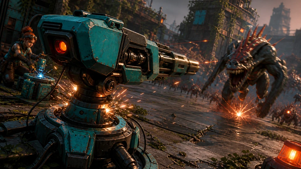 Close view of a teal turret rotating toward a fast enemy while sparks show pressure
