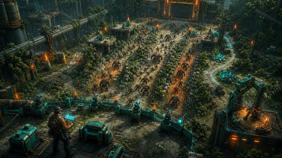 Wide vista showing preparation zone, three wave lanes, platforms, resource route, repair point, and extraction gate