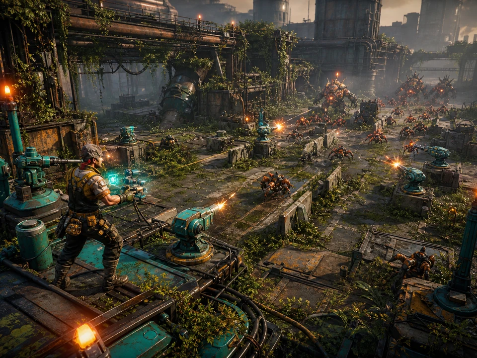 Engineer defending an overgrown industrial arena with teal turrets against an enemy wave, clear lanes and warning lights