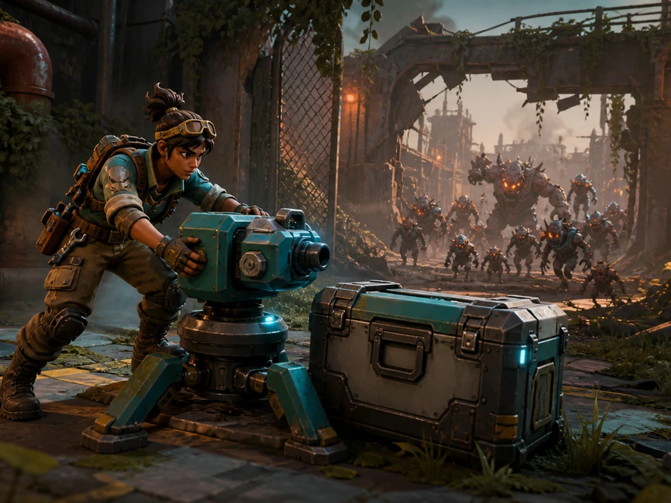 Same engineer relocating a turret beside a resource crate as enemies approach through a broken gate