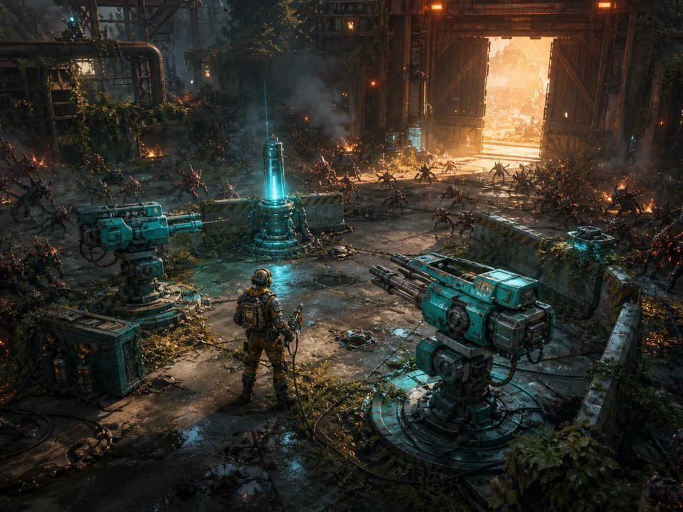 Same arena after a heavy wave, damaged turrets repaired and extraction gate opening without interface