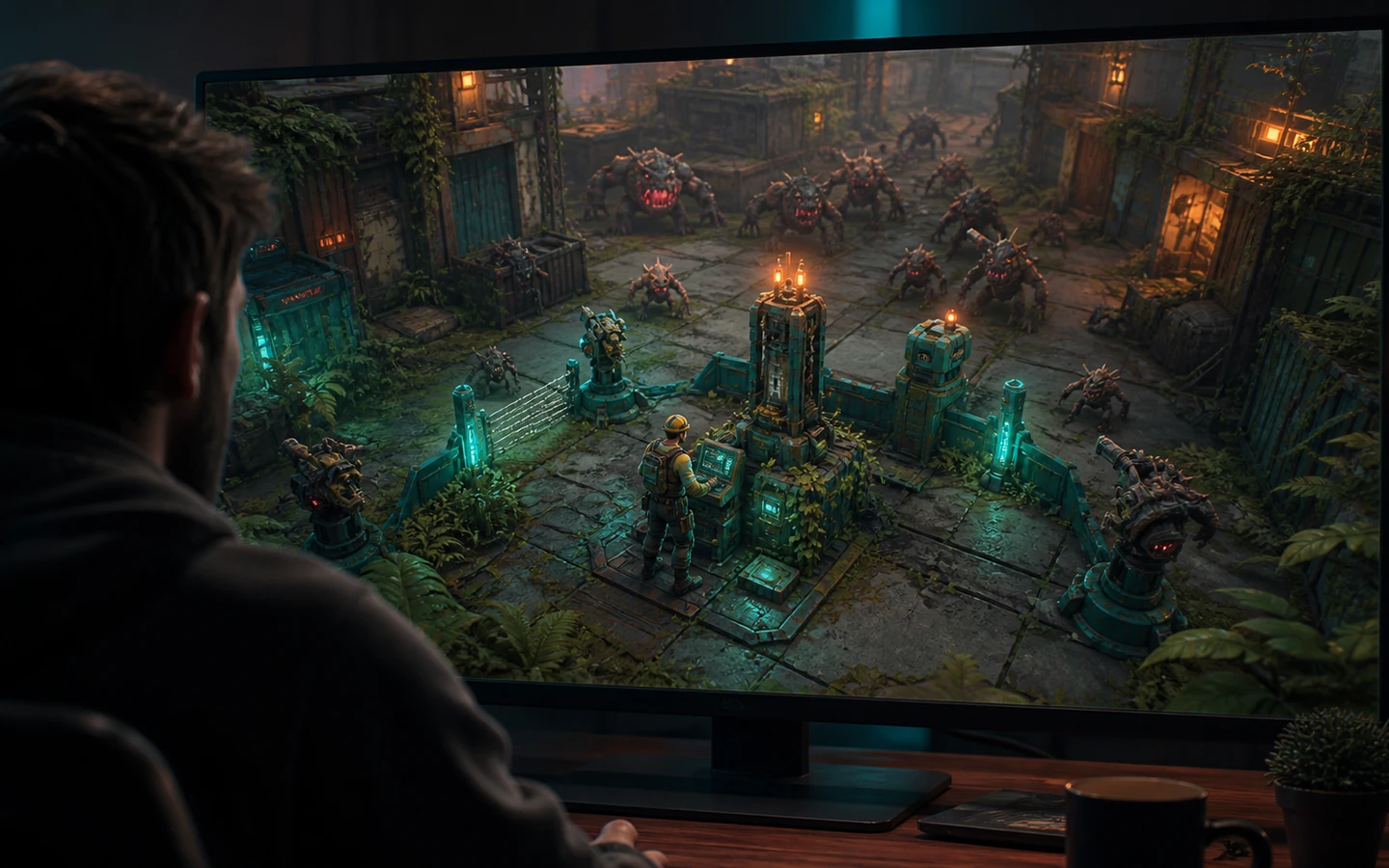 Over-the-shoulder creator reviewing the original survival arena on a large monitor, interface abstract and unreadable
