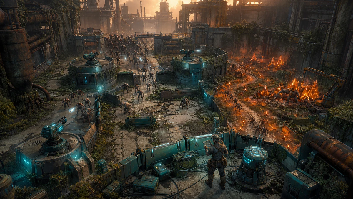 Wide arena showing enemy approach lanes, cover, turret platforms, and risky resource path