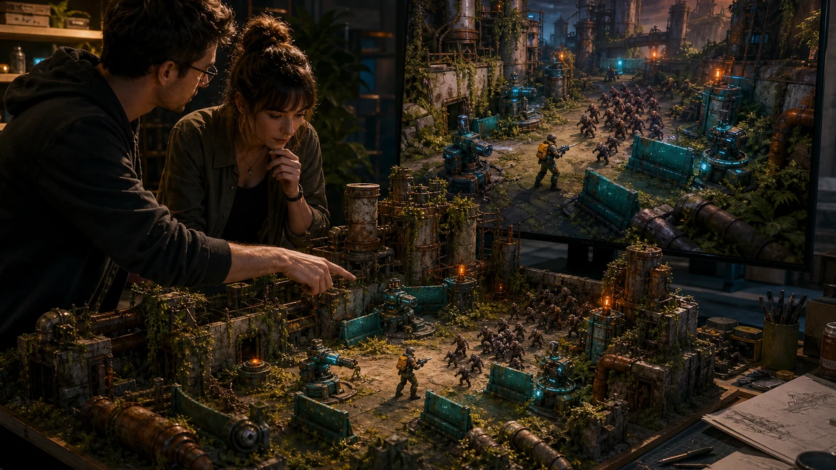 Two designers reviewing a physical arena layout and original survival scene on a monitor, no readable labels