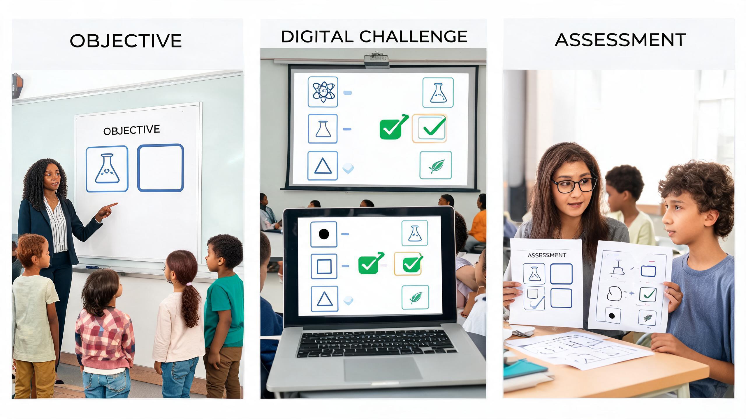 Classroom sequence from learning objective to digital challenge and assessment.
