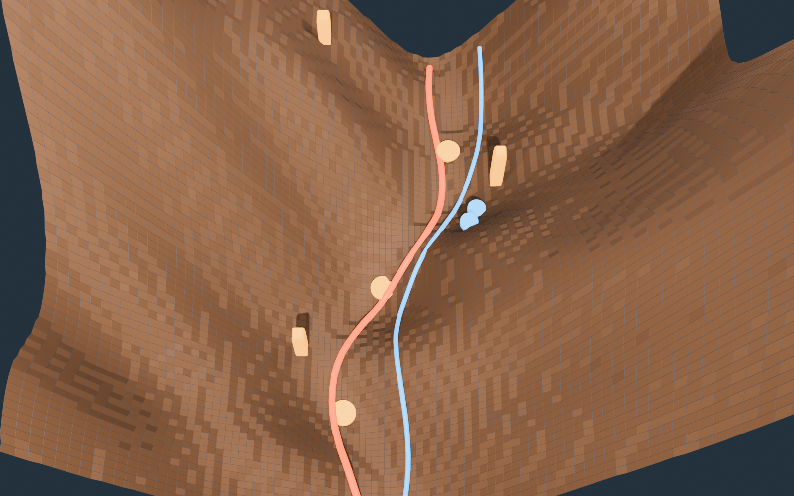 Original Blender-rendered canyon heightfield blockout with visible terrain grid, elevation, main and alternate routes, encounter pockets, and landmarks