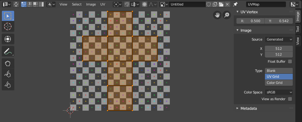 Official Blender UV Editor screenshot showing UV islands aligned over a generated color grid