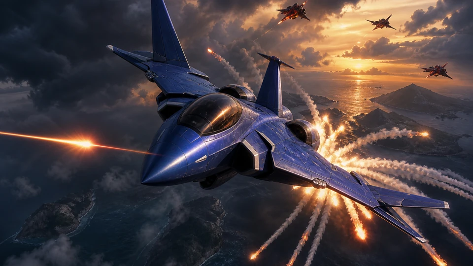 Close view of cobalt fighter releasing flares as a tracer passes, readable motion and threat response