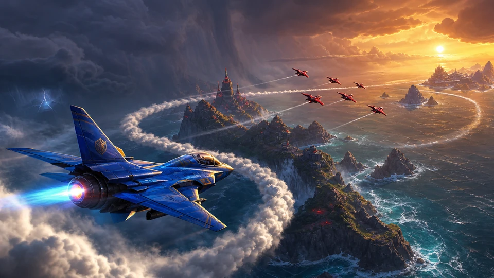 Wide aerial route showing launch cloud, island pass, enemy formation, recovery space, and final approach