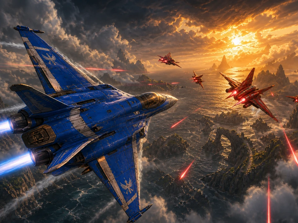 Blue cobalt fighter banking above stormy islands while dodging crimson enemy fire, original 3D aerial shooter