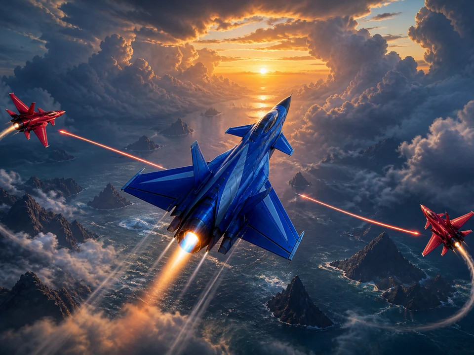 Same fighter climbing through clouds as two enemy jets flank from opposite sides, clear spacing and tracer paths