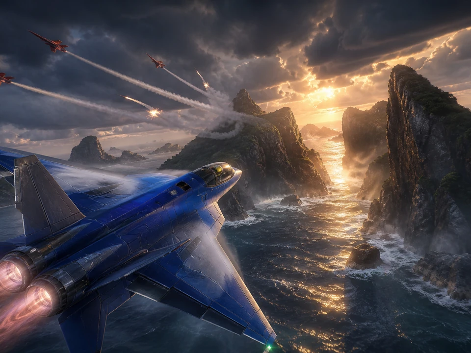 Same pilot diving toward an island pass after breaking enemy lock, cinematic route without HUD