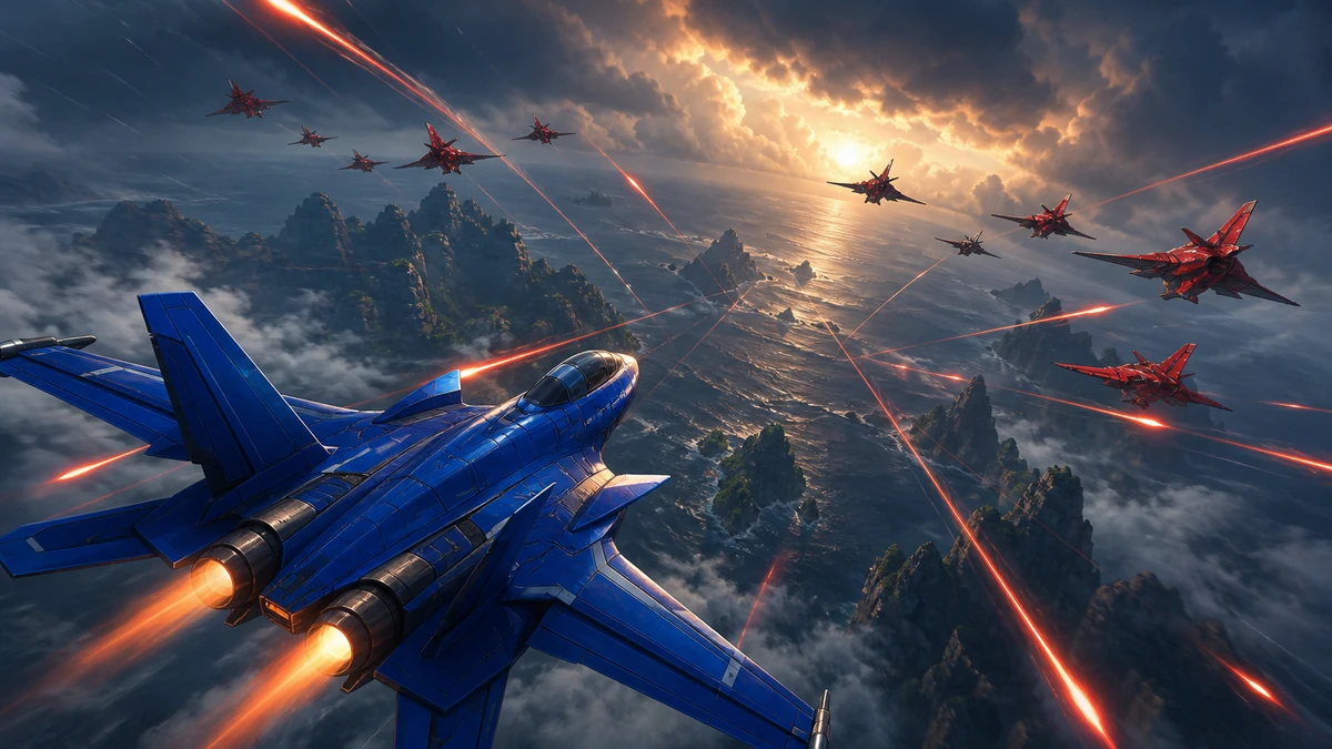 Aerial encounter over islands with enemy formation, incoming fire lanes, and an open dodge route