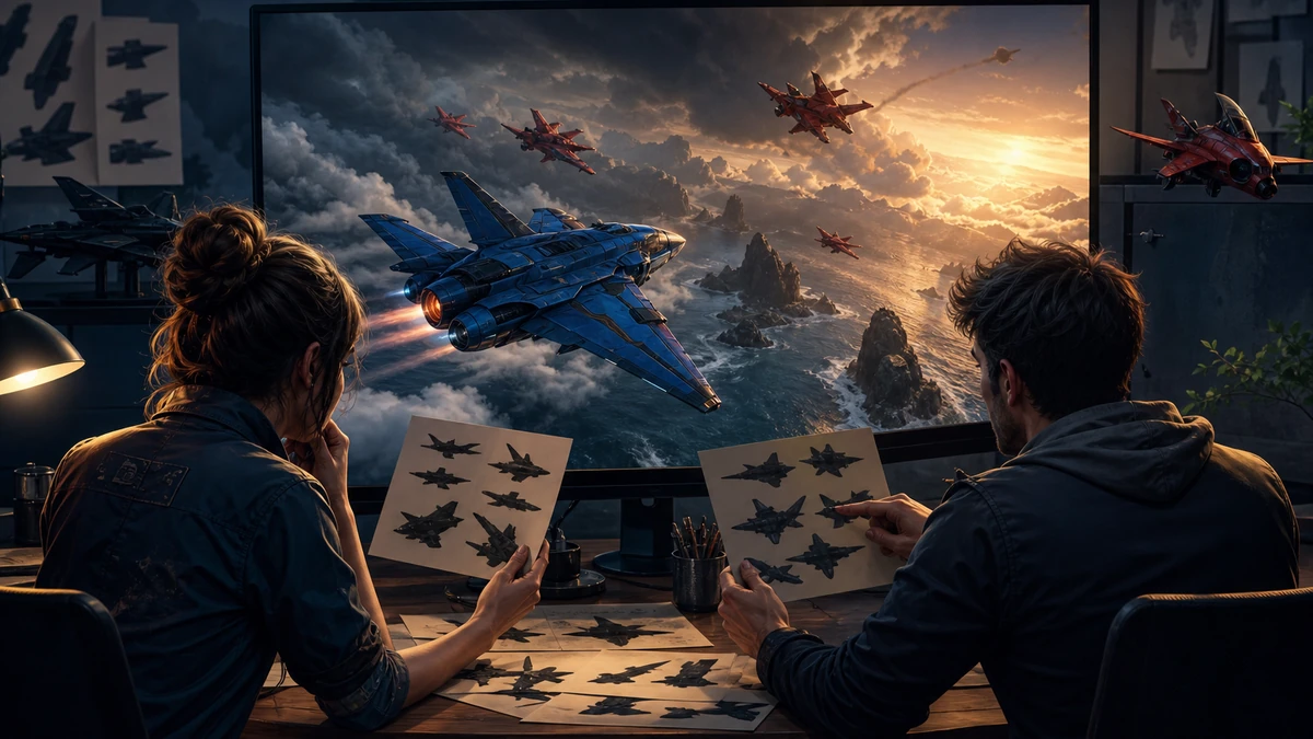 Two creators reviewing aircraft silhouettes and the original airwar scene on a monitor, no readable labels