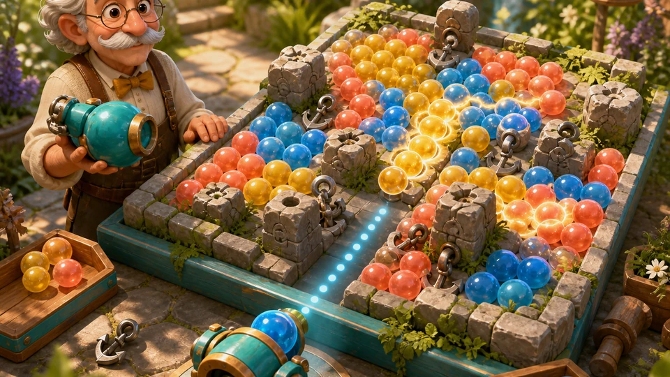 Physical bubble-puzzle kit with colored bubbles, stone blockers, anchors, launch lane, and chain-reaction pieces