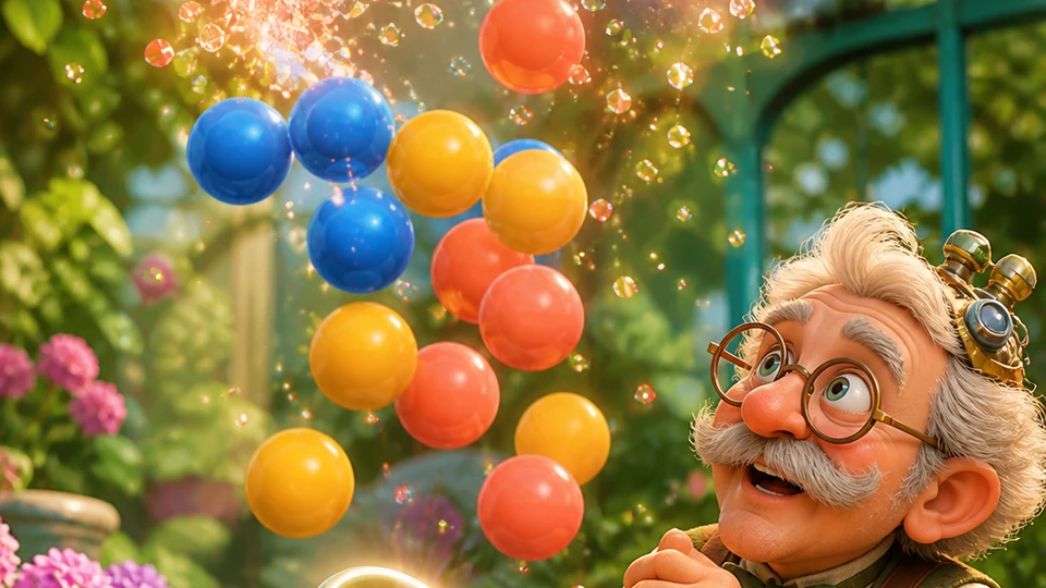 Close view of matching bubbles popping and releasing a connected cluster, strong color readability