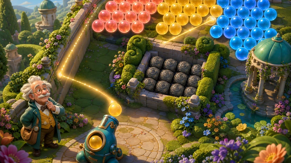 Wide puzzle scene showing launch point, three color groups, blocker pocket, bounce wall, target cluster, and clear route