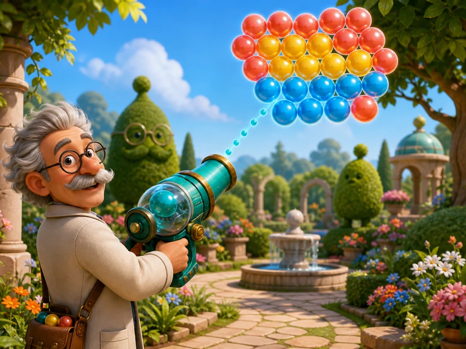 Friendly professor aiming a teal bubble launcher at a colorful suspended cluster in an original 3D puzzle garden, readable angle