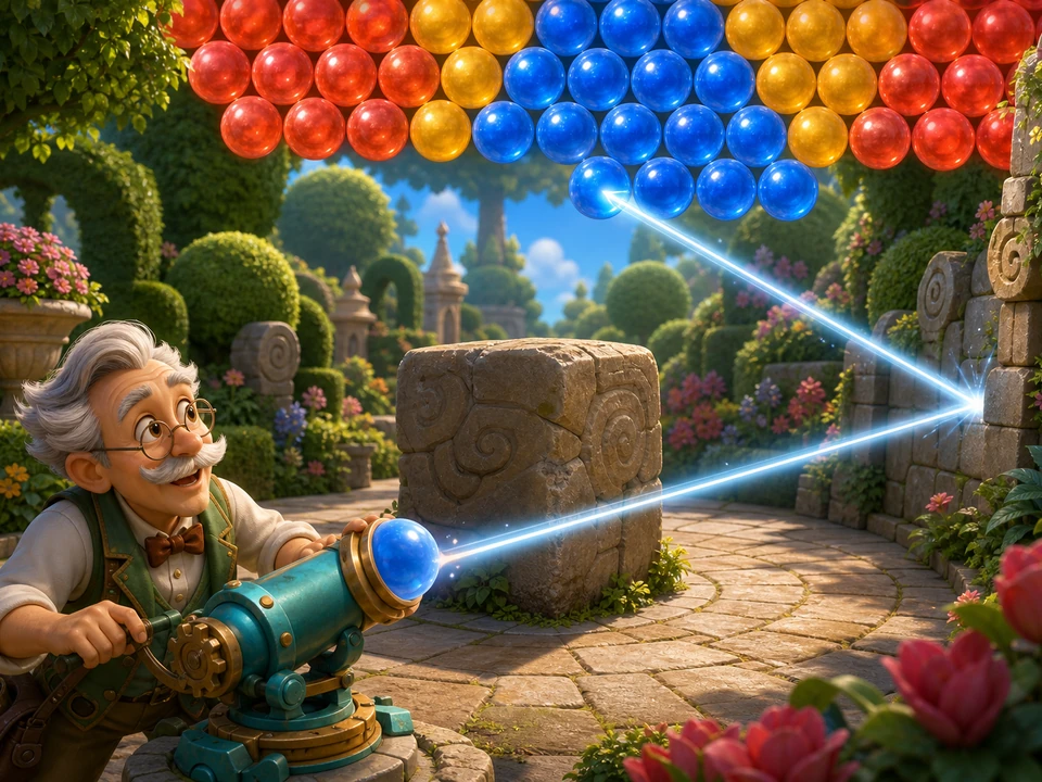 Same professor making a bank shot around a stone blocker toward a matching blue cluster, clear geometry