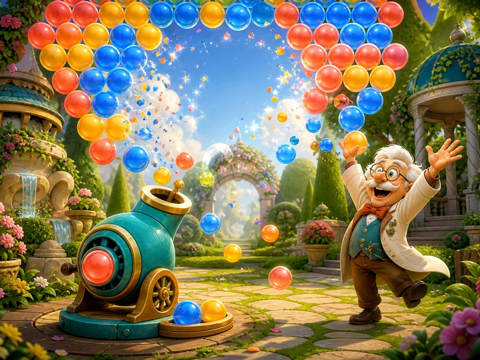 Same puzzle garden after a chain reaction clears connected bubbles, joyful response without interface text