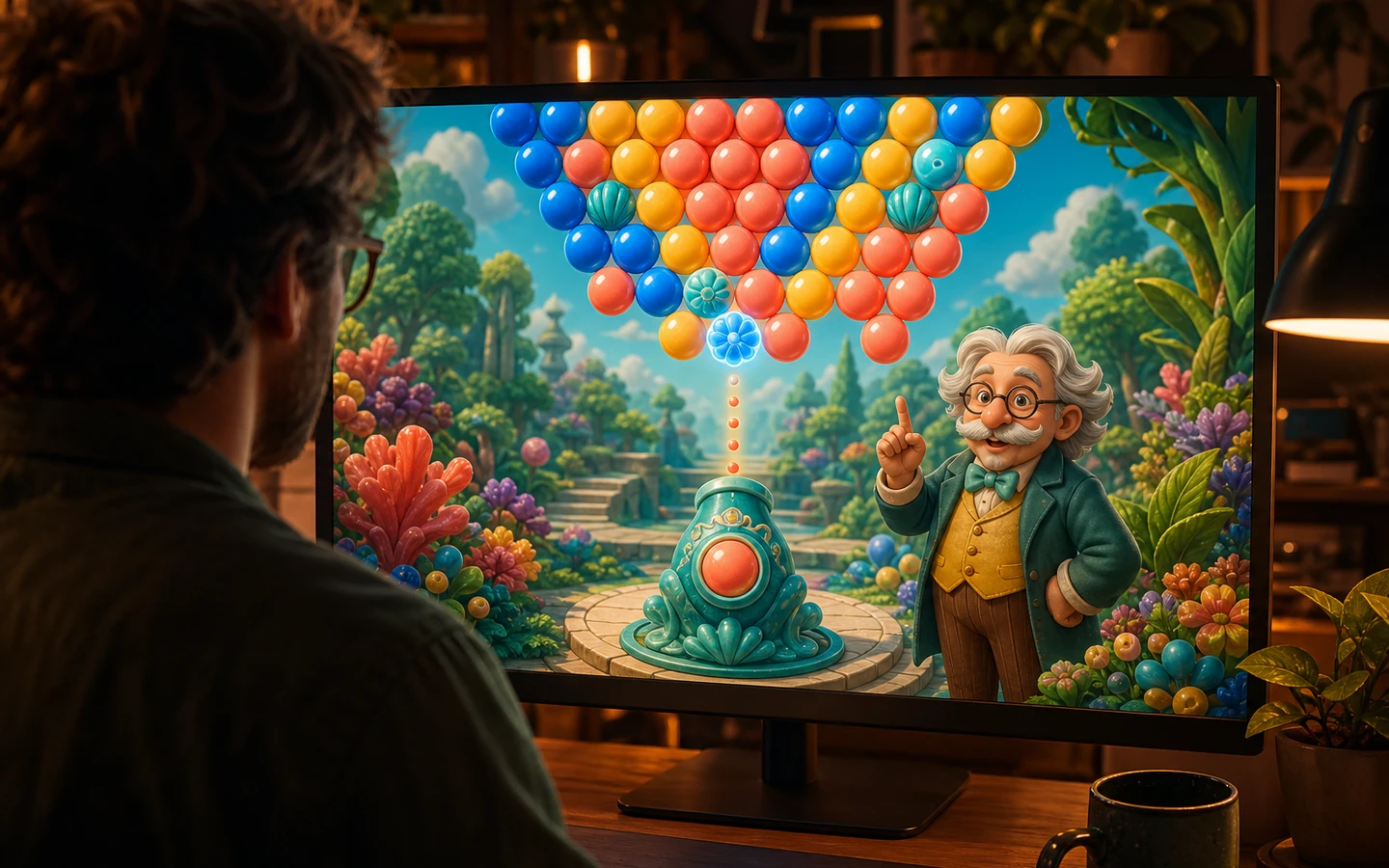 Over-the-shoulder creator reviewing the original Three.js bubble puzzle on a monitor, interface abstract and unreadable