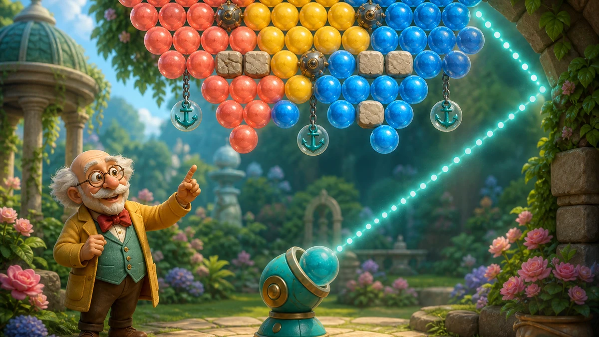 Puzzle field with suspended color clusters, blockers, anchor bubbles, and a clear bank-shot route