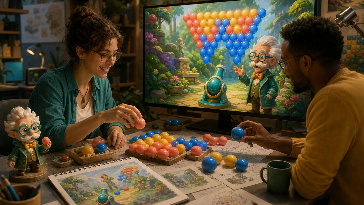 Two designers reviewing physical bubble pieces and original puzzle scene on a monitor, no readable labels