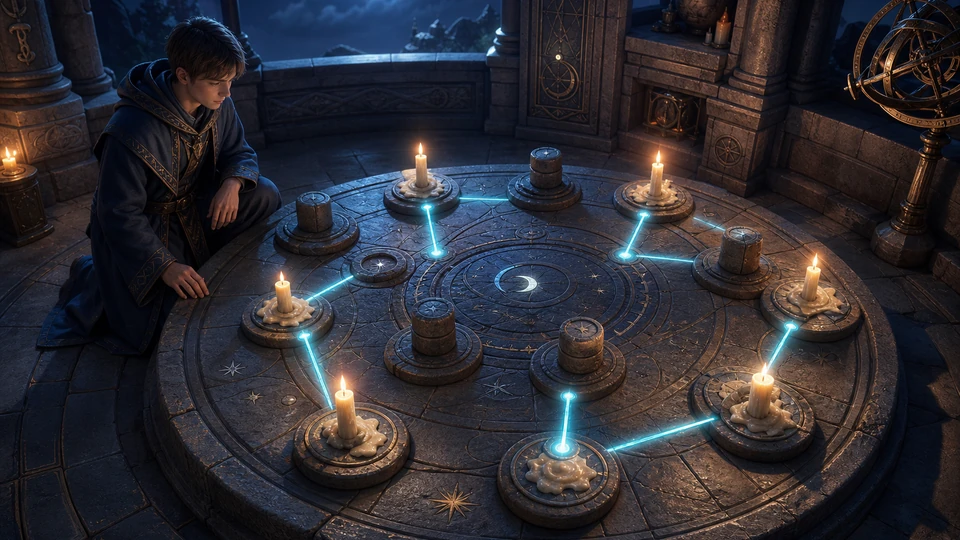 Physical in-world candle puzzle kit with circular stone tiles, candle sockets, wax pools, blockers, and glowing connection paths arranged coherently