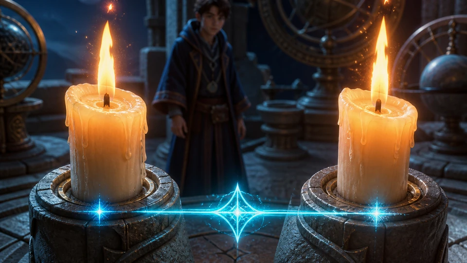 Close view of two ivory candles igniting as a cyan magical line locks into place, wax and flame response clearly visible