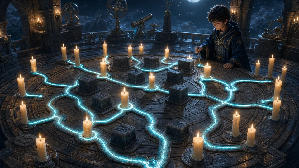 Wide observatory puzzle scene showing starting candles, branching lanes, stone blockers, growing edge candles, and a nearly complete luminous chain