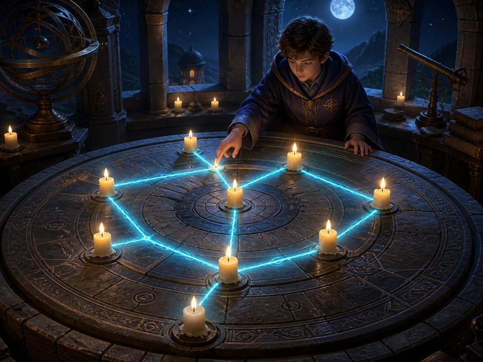 Robed apprentice drawing a cyan magical line between glowing ivory candles on a circular stone puzzle board in a moonlit observatory, clear top-down three-quarter view