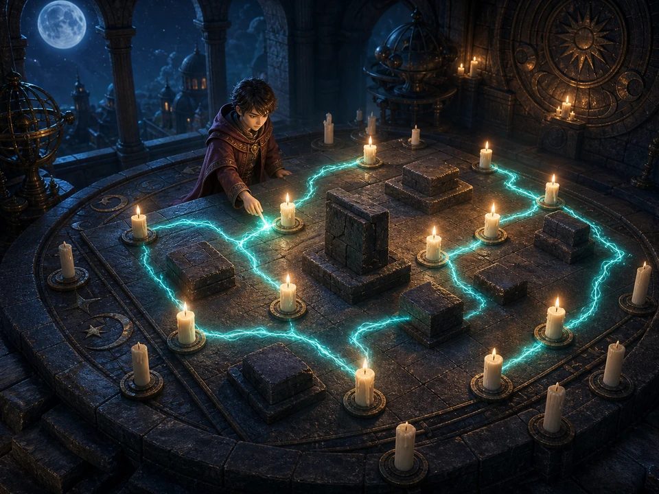 Same apprentice connecting a branching candle path around raised stone obstacles as new unlit candles appear at the board edge