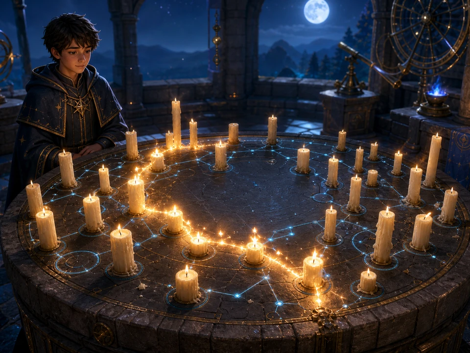 Same candle board after a successful chain lights a flowing constellation of amber flames and clears open space, no interface