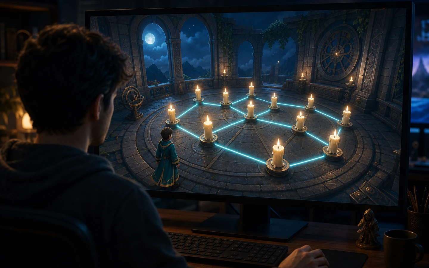 Over-the-shoulder game developer reviewing the original candle line puzzle on a large monitor, screen visible but controls abstract and unreadable