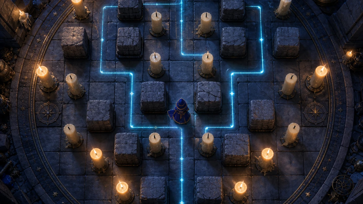 Top-down candle puzzle board with a narrow safe path around stone blockers and several unlit candles creating pressure
