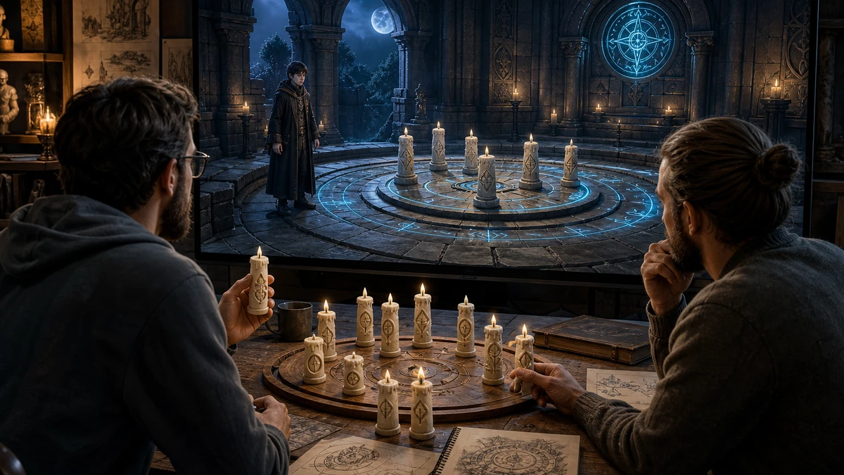 Two game creators reviewing physical candle tokens and the original observatory puzzle scene on a large monitor, no readable labels