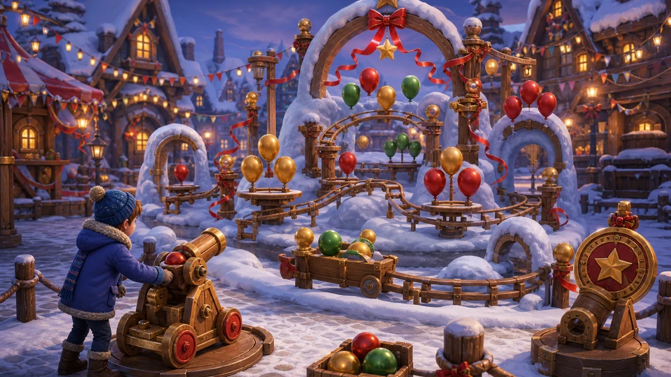 Physical in-world target kit with red green gold balloons, ribbons, moving rails, snow arches, and bonus formation props arranged coherently
