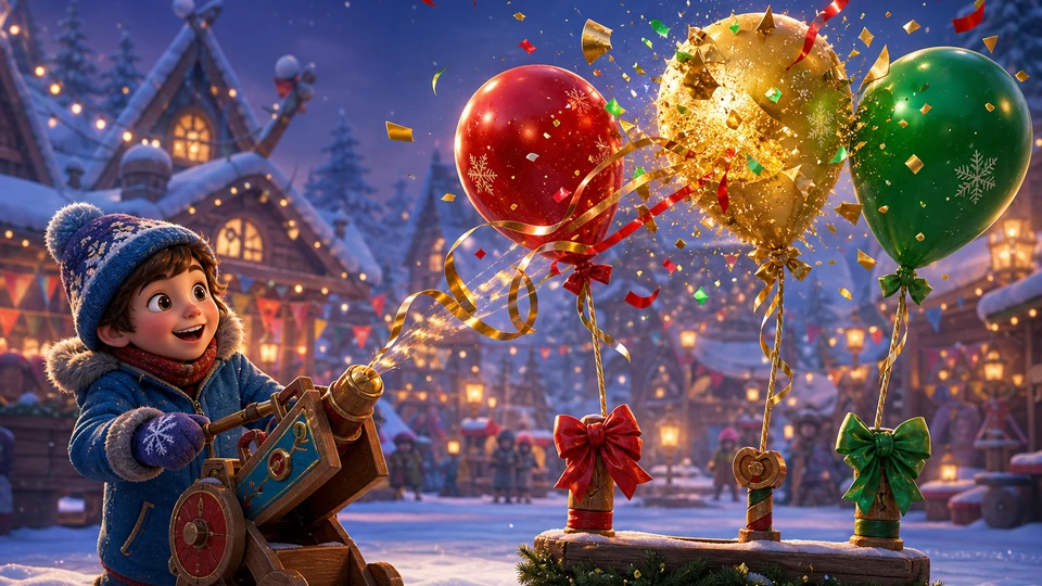 Close action view of a gold balloon popping and triggering two nearby festive balloons with confetti and ribbon recoil