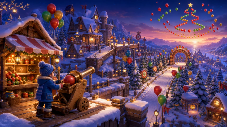 Wide snowy village route showing market launch area, rooftop crossings, tree-lined target lane, bonus arch, and finale sky formation